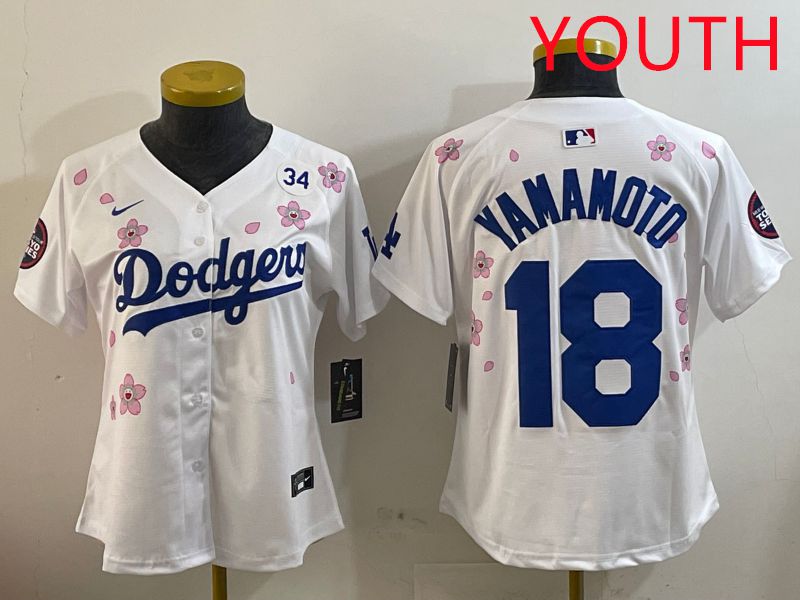 Youth Los Angeles Dodgers #18 Yamamoto White Sakura Edition 2025 Nike MLB Jersey style 5->youth mlb jersey->Youth Jersey